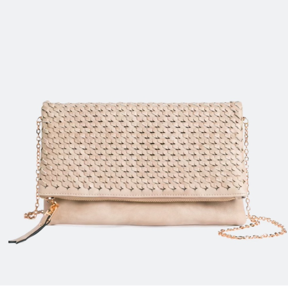 Tan Woven Clutch Bag with gold chain